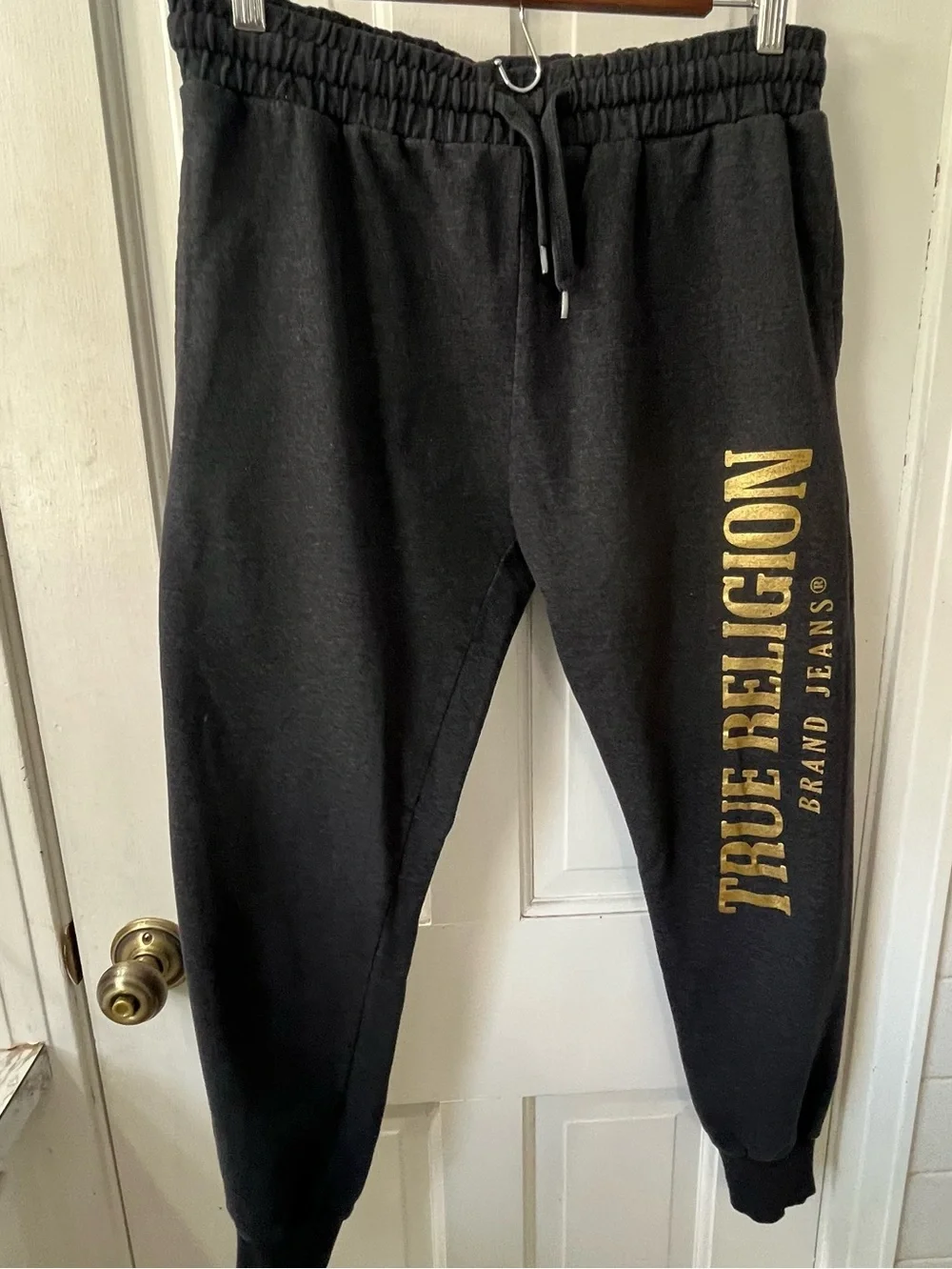 True Religion Men’s Black Loungewear Jogger Pants with Gold Vertical Logo. Small